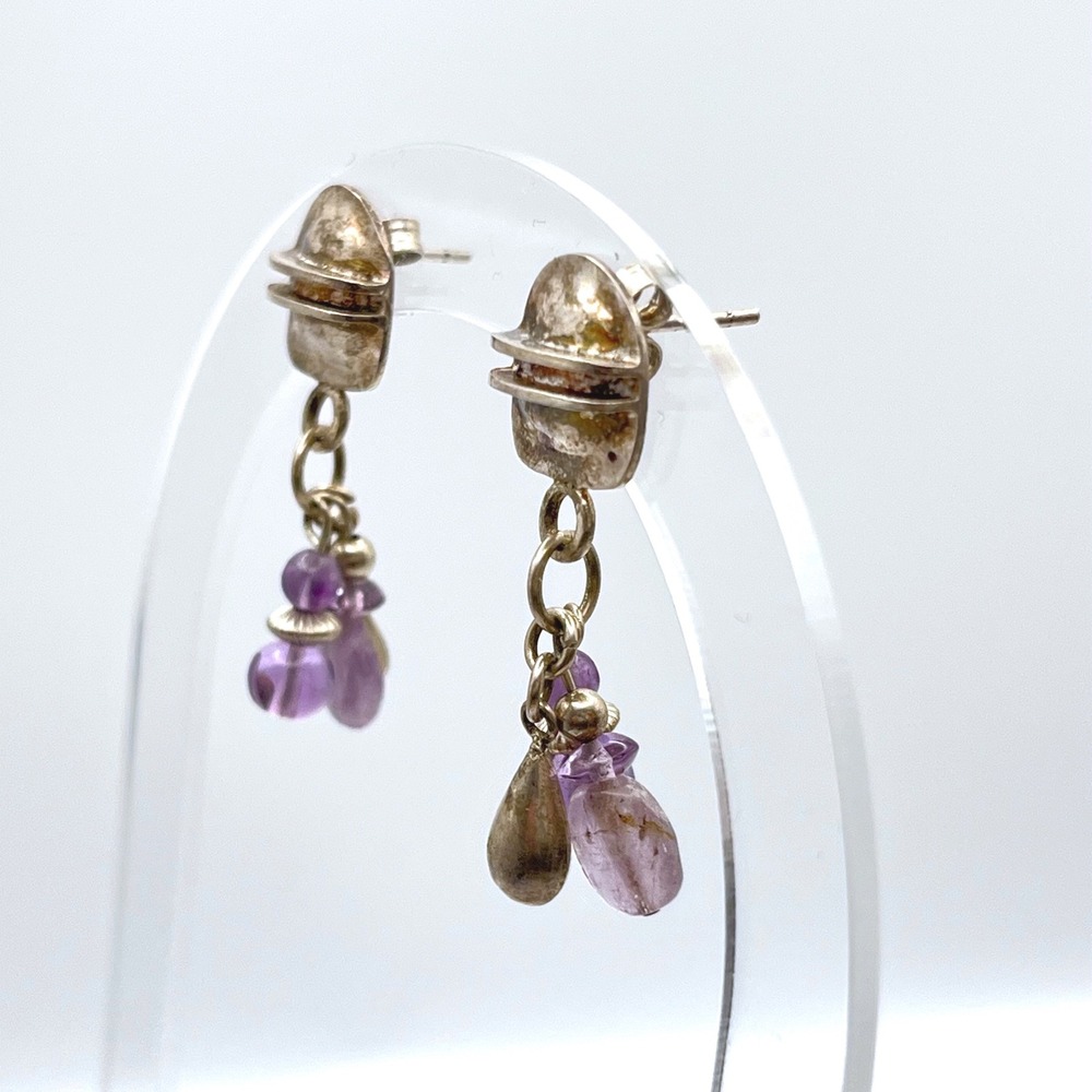 Vintage Sterling Silver Amethyst Brutalist Cluster Drop Earrings Purple Stone - Picture 2 of 6